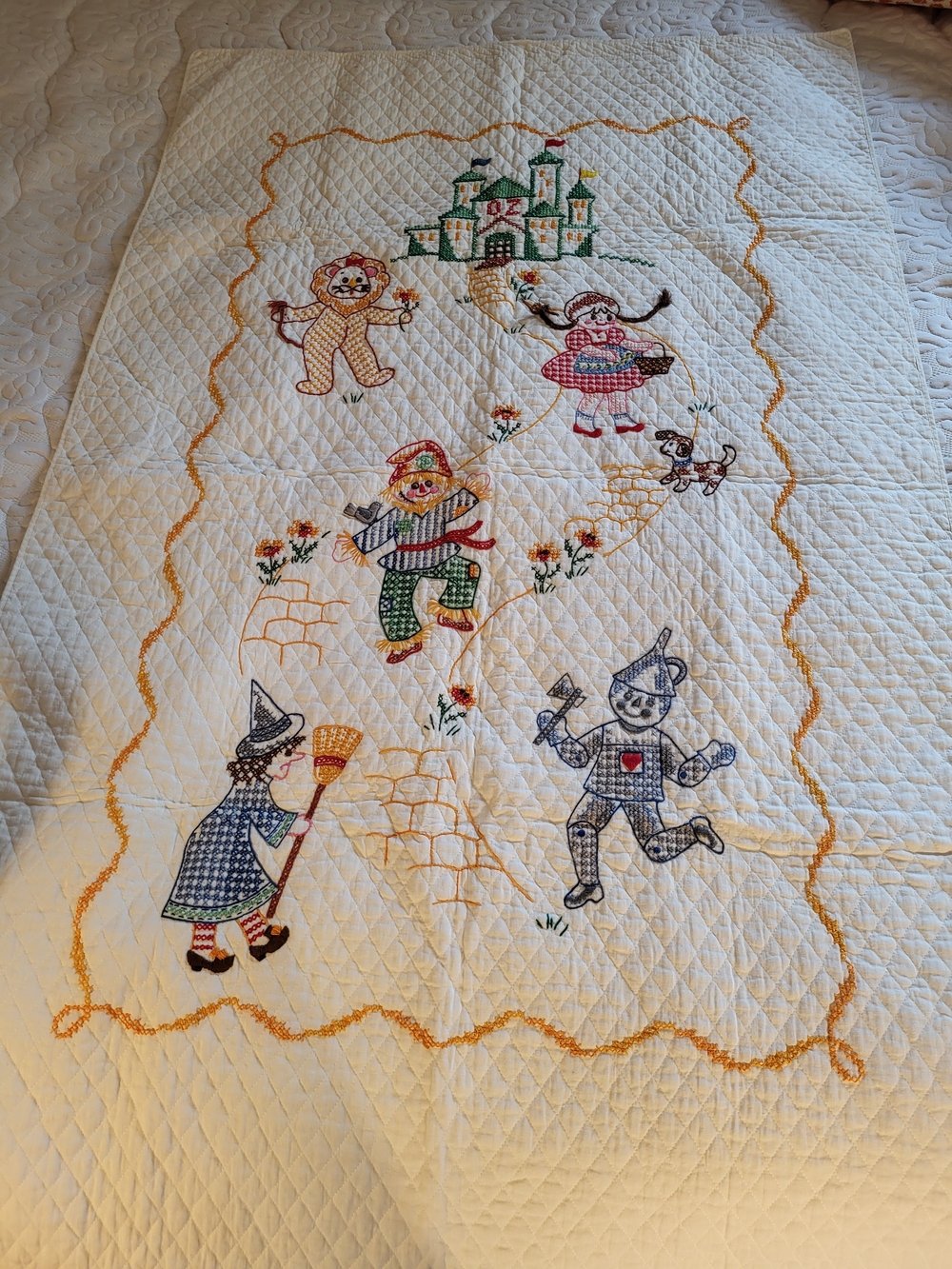 1970s Hand-Embroidered Cream Wizard of Oz Cross Stitch Baby Quilt 36"×56"